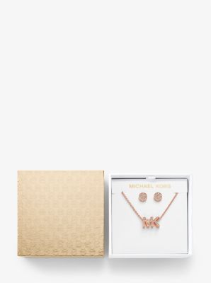 Rose Gold-Tone Brass Logo Necklace and Earrings Set