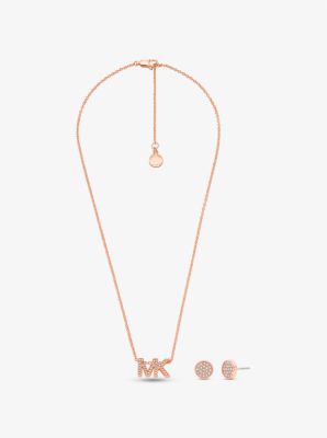 Rose Gold-Tone Brass Logo Necklace and Earrings Set