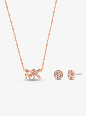 Rose Gold-Tone Brass Logo Necklace and Earrings Set