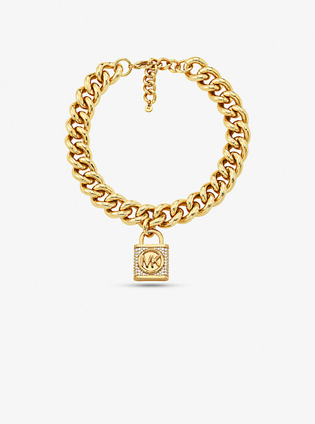 MK Precious Metal-Plated Brass Pave Lock Curb Link Necklace - Gold - Michael Kors