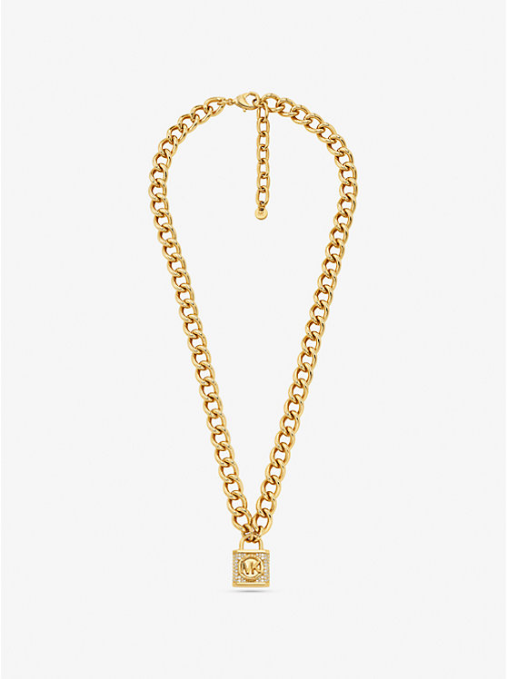 Precious Metal-Plated Brass Pavé Lock Necklace image number 0