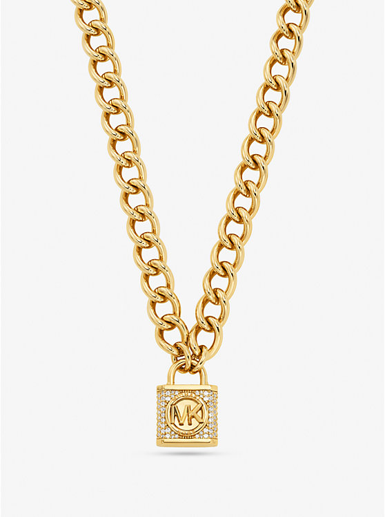 Precious Metal-Plated Brass Pavé Lock Necklace image number 1