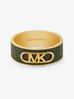 Precious Metal-Plated Brass and Crocodile Embossed Empire Logo Bangle