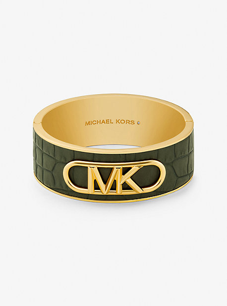 Michael Kors Precious Metal-plated Brass And Crocodile Embossed Empire Logo Bangle In Green
