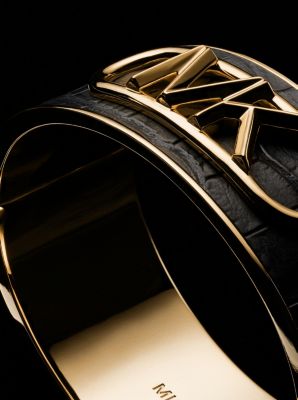 Precious Metal-Plated Brass and Crocodile Embossed Empire Logo Bangle image number 2