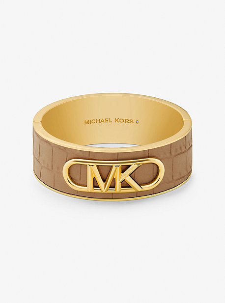 Shop Michael Kors Precious Metal-plated Brass And Crocodile Embossed Empire Logo Bangle In Natural
