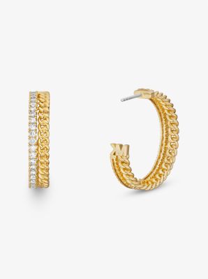 Precious Metal-Plated Brass Pavé Chain Hoop Earrings image number 1