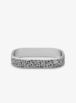 Michael Kors Precious Metal-plated Brass And Enamel Leopard Pavé Bangle In Silver