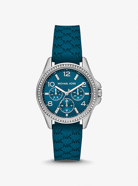 Michael Kors Mini Pilot Pavé Silver-tone And Logo Silicone Watch In Blue