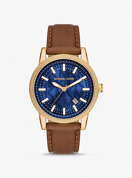 Shop Michael Kors Oversized Hutton Gold-tone And Leather Watch In Brown