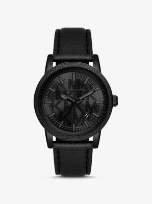 Oversized Hutton Black-Tone and Leather Watch image number 0