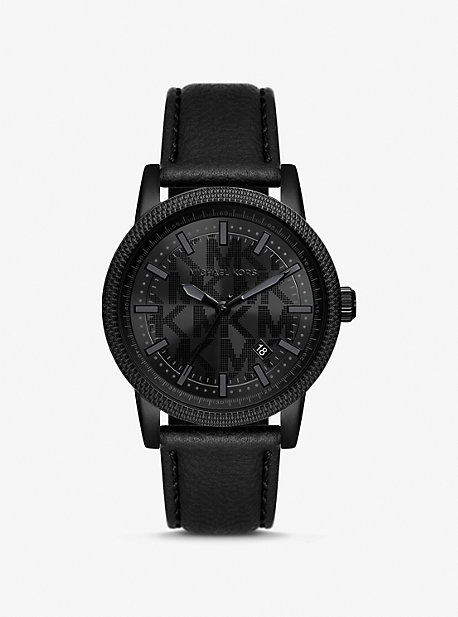 Shop Michael Kors Oversized Hutton Black-tone And Leather Watch
