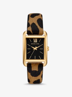 Michael Kors Monroe Gold-tone And Leopard Print Calf Hair Watch In Brown