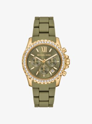Michael Kors Oversized Everest Pavé Gold-tone And Silicone Watch In Green
