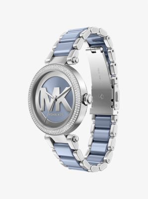 Oversized Parker Pav&eacute; Blue-Tone Watch in SILVER | Michael Kors