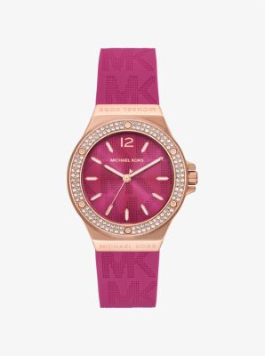 Lennox Pav&eacute; Rose Gold-Tone and Logo Silicone Strap Watch in ROSE GOLD | Michael Kors
