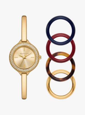 Michael Kors Mini Izzy Pavé Gold-tone Watch And Interchangeable Bezel Set