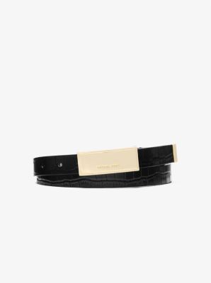 MK Gürtel Aus Leder Mit Krokodilprägung Und Plakette - Schwarz