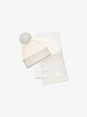 Michael Kors Embellished Knit Beanie Hat And Scarf Set In Neutral