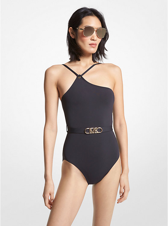 Stretch Nylon Belted One-Shoulder Swimsuit image number 0