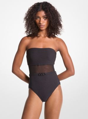 Michaelkors Stretch Nylon Belted Strapless Swimsuit,BLACK