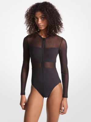 Shop Michael Kors Stretch Nylon Zip-up Swimsuit In Black