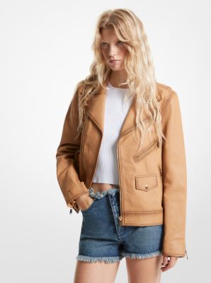 Michael michael kors ruffle deals hem leather moto jacket