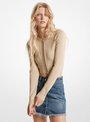 Metallic Knit Cropped Zip-Up Jacket image number 0