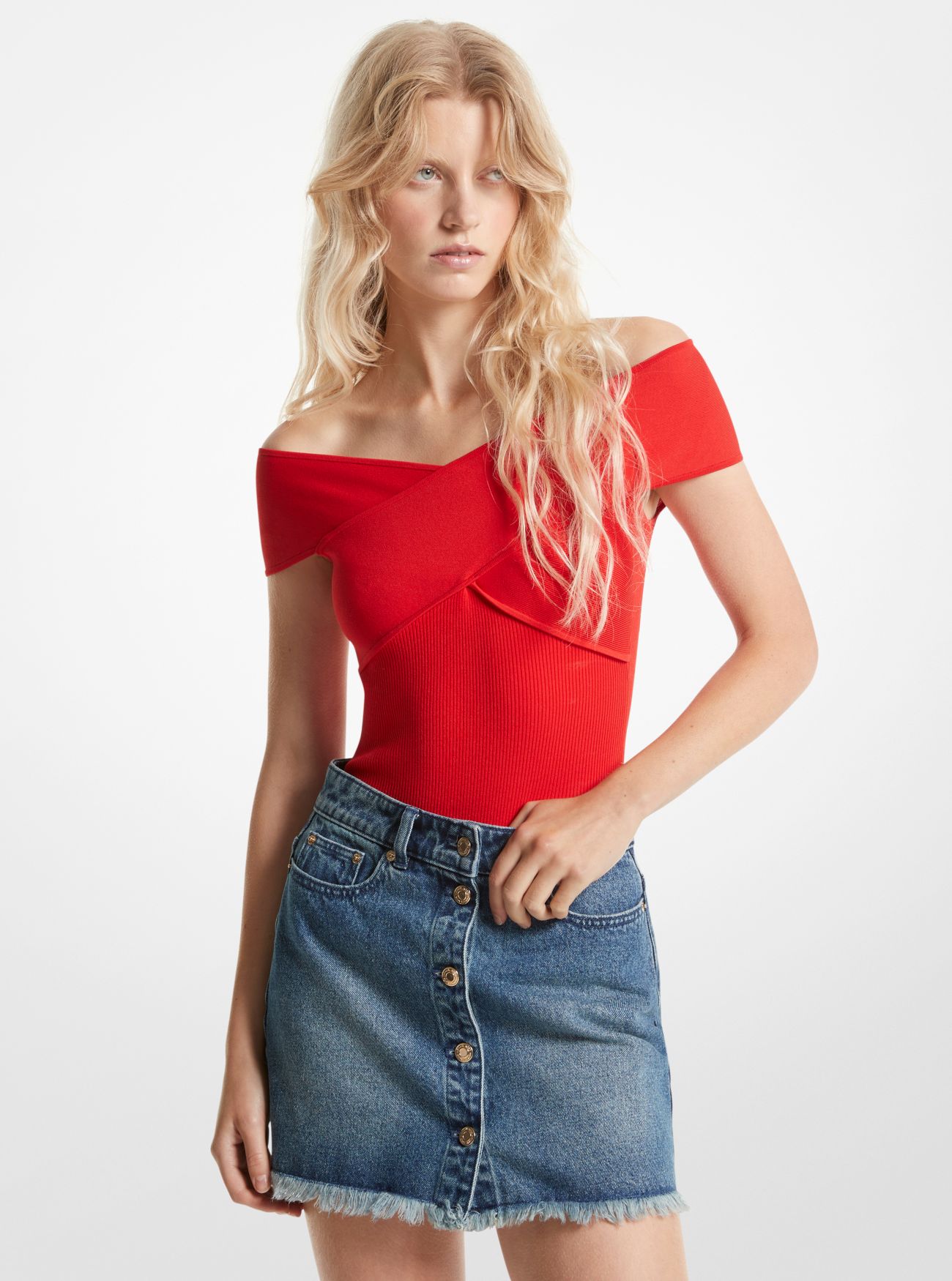 MK Ribbed Stretch Knit Crossover Bodysuit - Red - Michael Kors