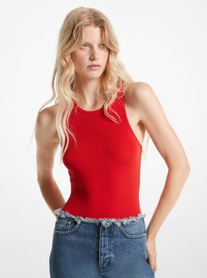 Michael Kors Ribbed Stretch Knit Racerback Bodysuit In Red