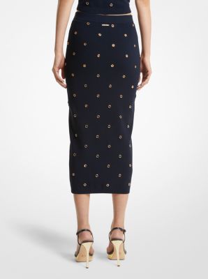 Grommet Embellished Stretch Knit Pencil Skirt