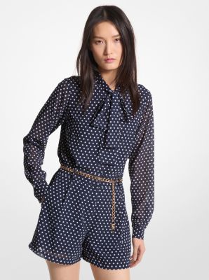 Polka Dot Georgette Belted Tie-Neck Romper | Michael Kors