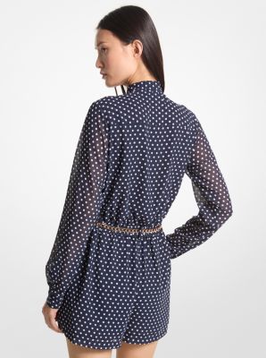 Polka Dot Georgette Belted Tie-Neck Romper | Michael Kors