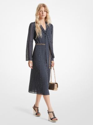 마이클 코어스 원피스 Michael Kors Polka Dot Georgette Tie-Neck Midi Dress