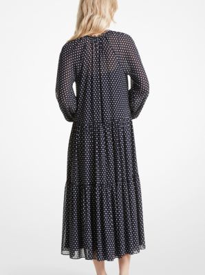 Robe mi-longue en crêpe georgette à pois et à volants