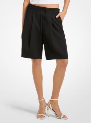 Stretch Wool Blend Twill Pleated Track Shorts