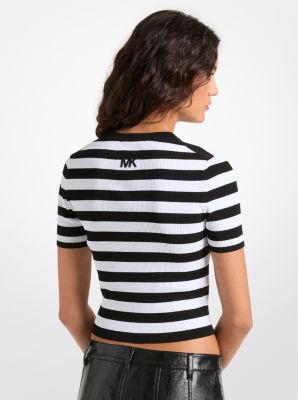 Striped Ribbed Stretch Knit Shirt in BLACK | Michael Kors