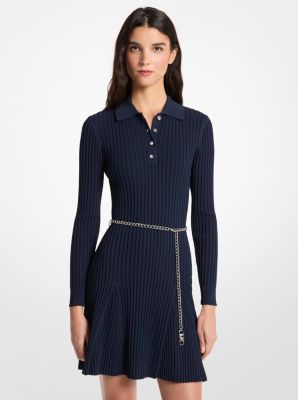 MK Geripptes Polokleid Aus Viskose Mit Gürtel - Blau