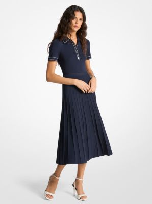 Michael Kors Stretch Knit Polo Midi Dress In Blue