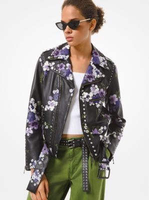 Floral Embroidered Leather Moto Jacket