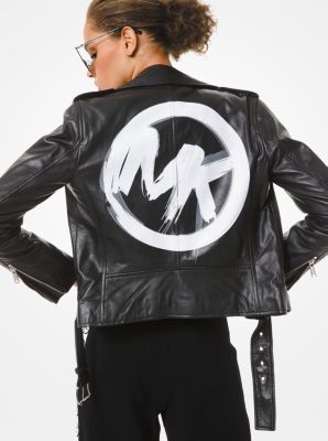 Brushstroke Logo Leather Moto Jacket | Michael Kors