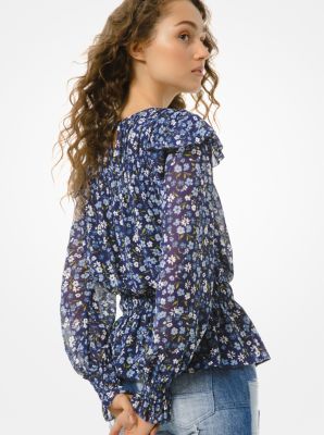 Blouse en cr&ecirc;pe georgette smock&eacute; &agrave; motif floral