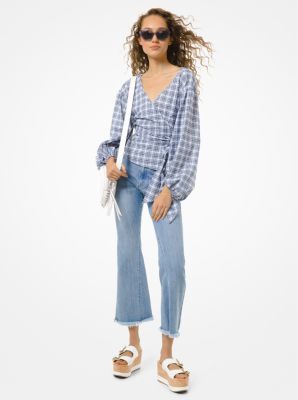 Metallic Plaid Cotton Blend Wrap Top