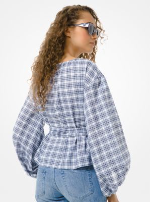 Metallic Plaid Cotton Blend Wrap Top