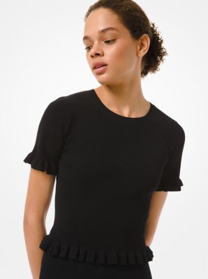 Chandail &agrave; manches courtes en viscose extensible c&ocirc;tel&eacute;e &agrave; garniture &agrave; volants