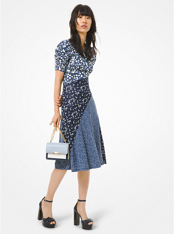 Mixed Floral Matte Jersey Ruched-Sleeve Dress image number 0