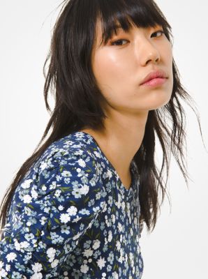 Robe en jersey mat &agrave; manches &agrave; ruch&eacute;s et &agrave; motif floral