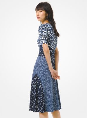 Mixed Floral Matte Jersey Ruched-Sleeve Dress