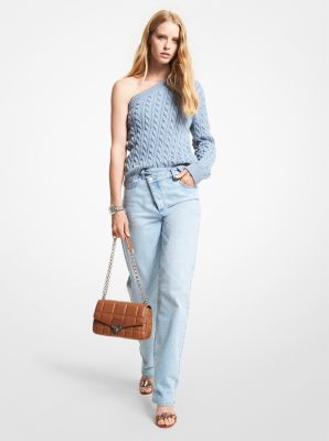 Cable Cotton Blend One-Shoulder Sweater