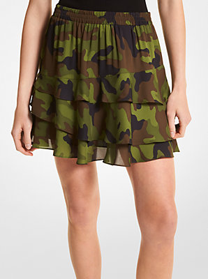마이클 코어스 Michaelkors Camouflage Silk Georgette Ruffled Skirt